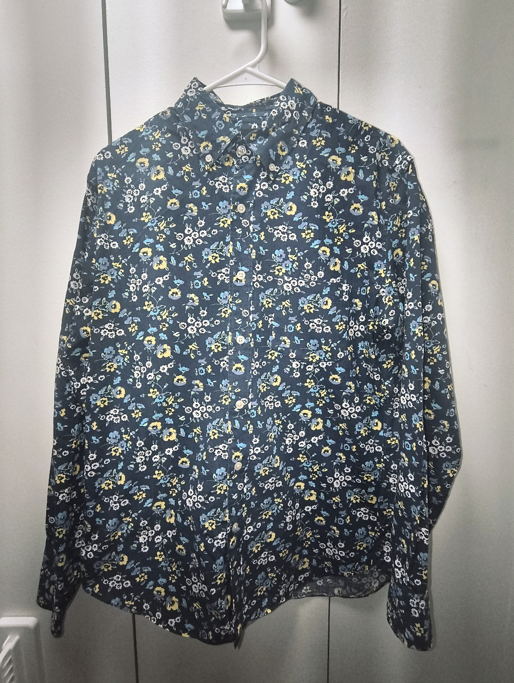 J. Crew Slim Fit Blue Floral Cotton Shirt with Yellow Blooms. 100% Cotton